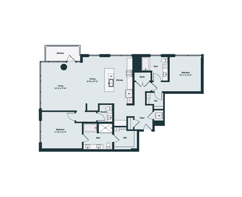 Floor plan for 2 beds, 2.5 baths, 1698 sqft